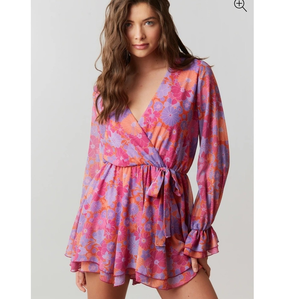 Peach Love California Floral Long Sleeve Romper Retro Pink Purple Orange Small